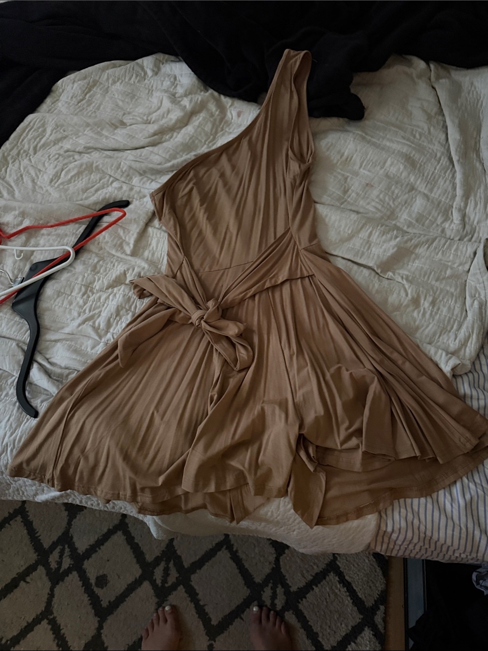 Asymmetrical One-Shoulder Tie-Waist Dress in Camel